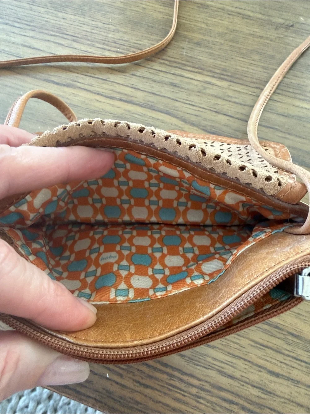 HOBO International Laser Cut Perforated Leather Crossbody Bag Tan Mustard